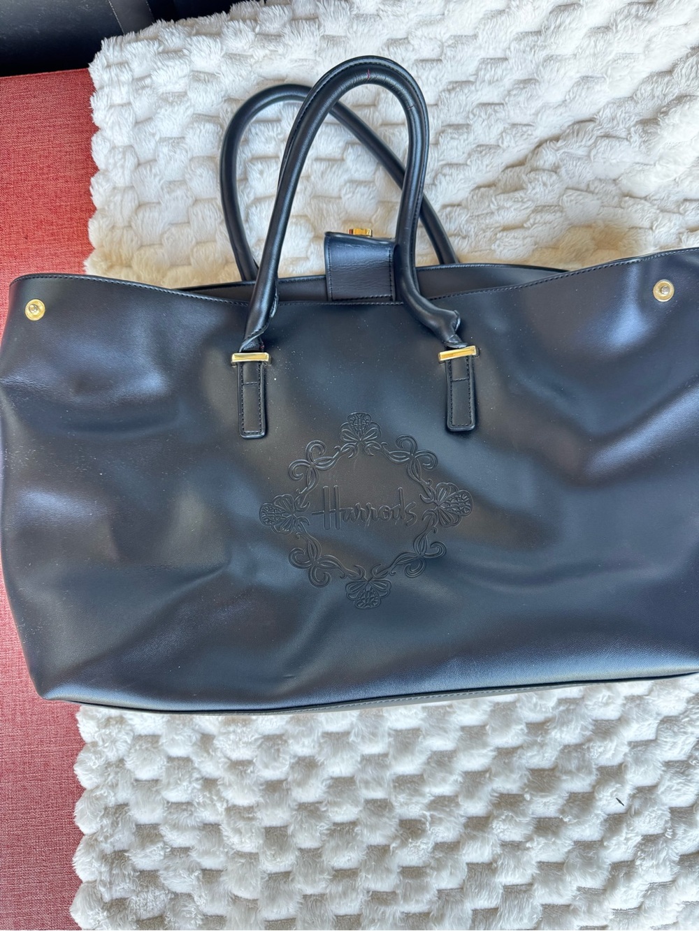 Harrods London Black Leather Tote Bag | Embossed Logo | Hot Pink Interior